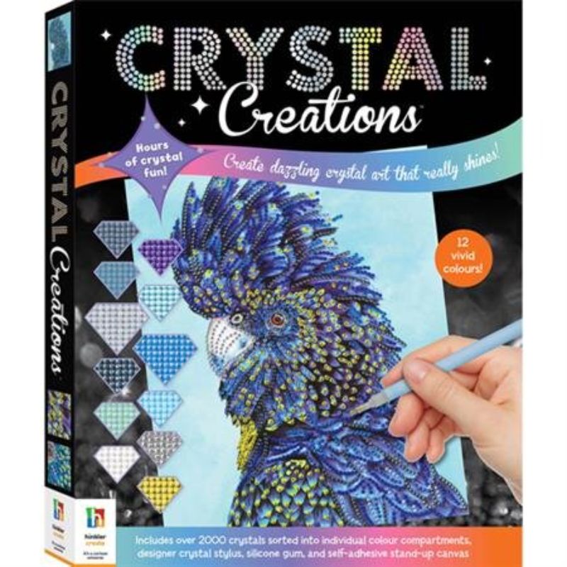 Alt text for Craft Kit - Crystal Creations Cockatoo: "Colorful cockatoo crystal art kit with adhesive canvas and sparkling crystals, perfect for crafting."