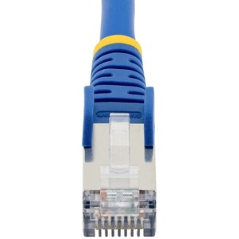 Blue 1.5m StarTech LSZH CAT6a Ethernet cable with snagless RJ-45 connectors, supporting 10 Gbps and 100W PoE++.
