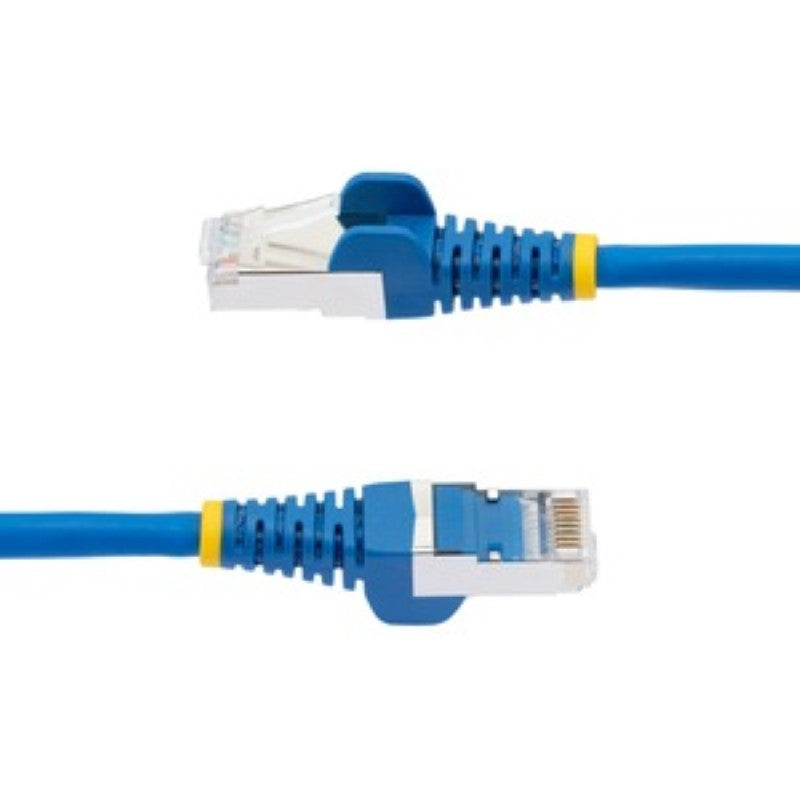 StarTech 1.5m LSZH CAT6a Ethernet cable in blue, supports 10 Gbps, 100W PoE++, and features snagless RJ-45 connectors.