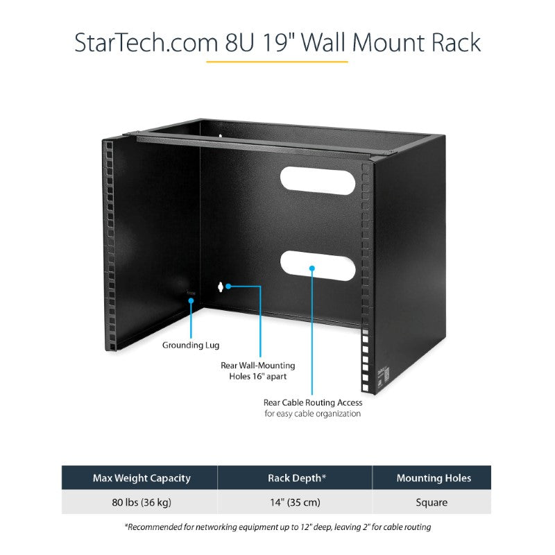 StarTech 8U wall mount bracket for 12-inch equipment, sturdy steel design for efficient vertical organization in small spaces.