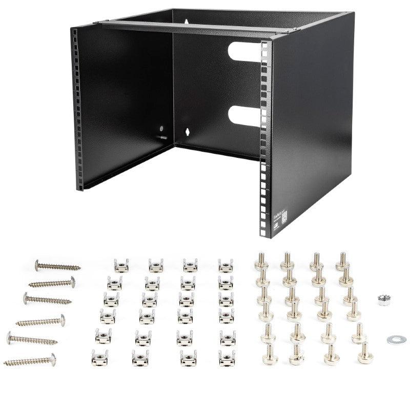 Black 8U wall mount bracket for 12-inch equipment, made of solid steel, supports up to 36.38 kg, ideal for space-saving setups.
