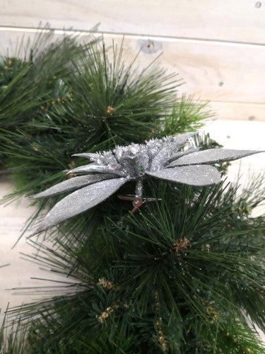 Glitter Poinsettia Flower Head with Clip - Silver
