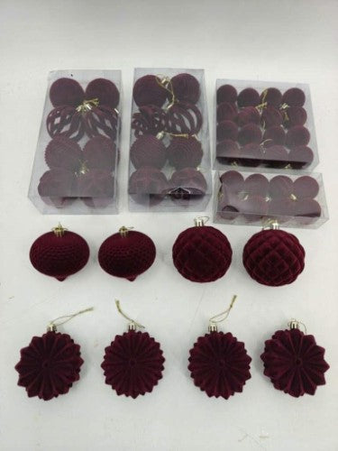 Velvet Christmas Tree Baubles - Burgundy - Set of 48