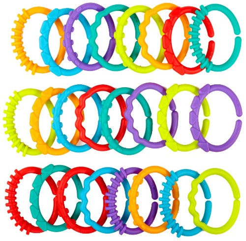 Colorful 24-piece linking toy set for babies, perfect for attaching toys and promoting fine motor skills.