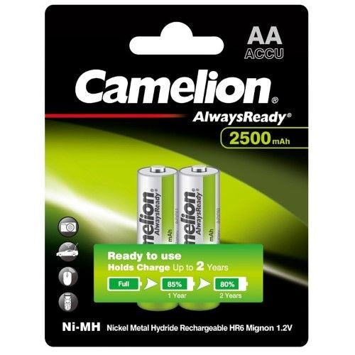 Pair of Camelion AlwaysReady 2500mAh AA rechargeable batteries, suitable for various devices with low self-discharge and eco-friendly design.