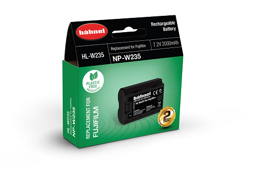 Hahnel HL-W235 lithium-ion battery for Fujifilm NP-W235, 2250mAh capacity, eco-friendly packaging, ideal for photographers.