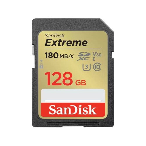 SanDisk Extreme SDXC 128GB memory card, offering 180MB/s speed, durable and ideal for 4K UHD video and burst photography.