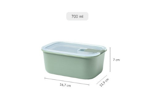 A 700ml Nordic Sage storage container by Mepal with airtight seal, transparent lid, and microwave-safe steam vent.