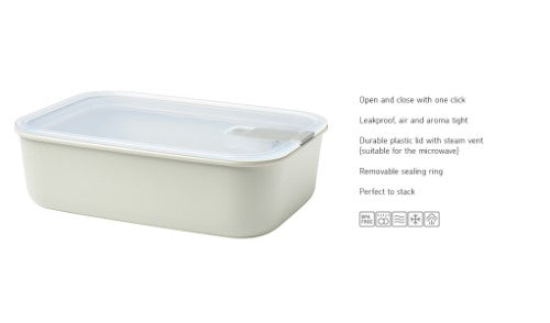 A Nordic white 1500ml storage box with airtight seal, transparent lid, steam vent, stackable design, and BPA-free materials.