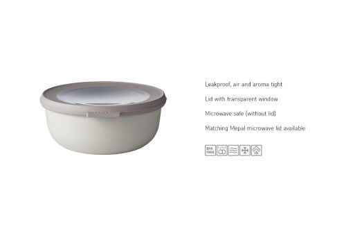 Cirqula Round 750ml Nordic White bowl by Mepal, featuring airtight lid, transparent window, and durable, stackable design.