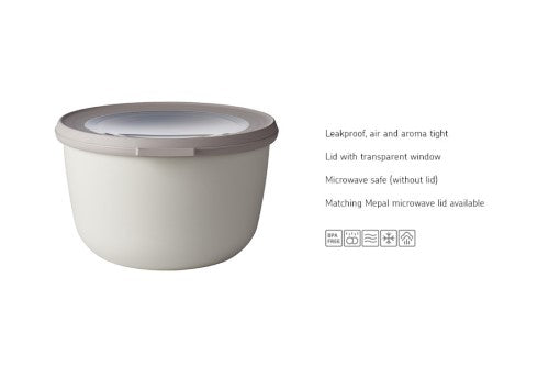 Mepal Cirqula Round 1000ml bowl in Nordic White, versatile for storage, microwave, and serving, with airtight lid and transparent window.