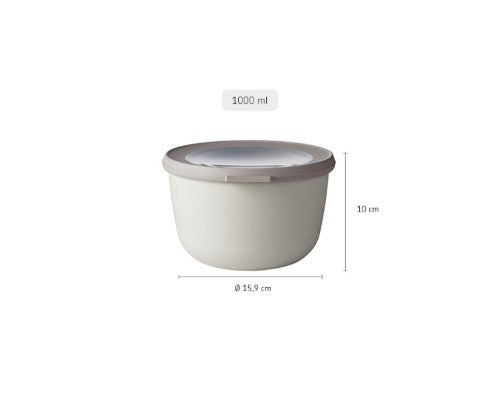 Cirqula Round 1000ml Nordic White bowl by Mepal, features a flexible airtight lid, transparent window, and versatile use for food storage.
