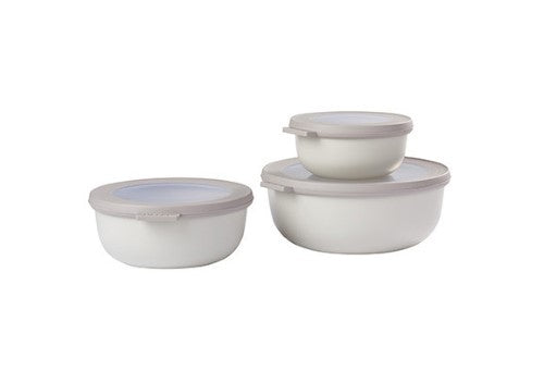 Cirqula Round 3-Piece Set in Nordic White, featuring airtight lids, stackable design, and indestructible materials for food storage.