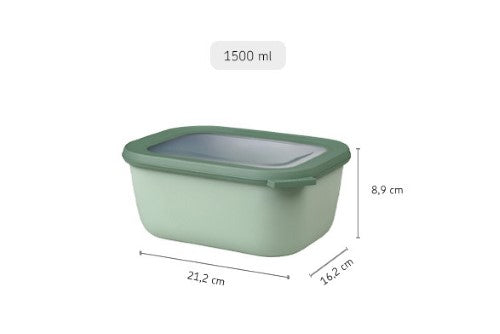 Sleek Nordic Sage Cirqula 1500ml container with transparent lid, airtight seal, stackable, microwave, freezer, and dishwasher safe.