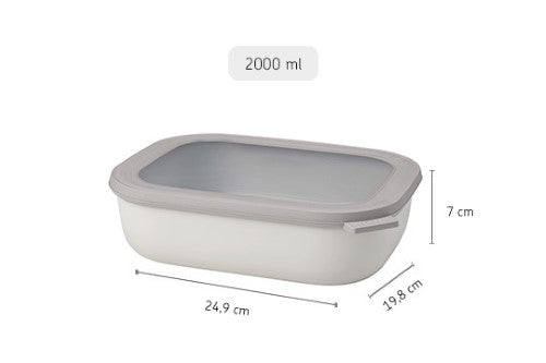 Mepal Cirqula Rectangle 2000ml in Nordic White, versatile airtight container for storing, heating, and serving food.