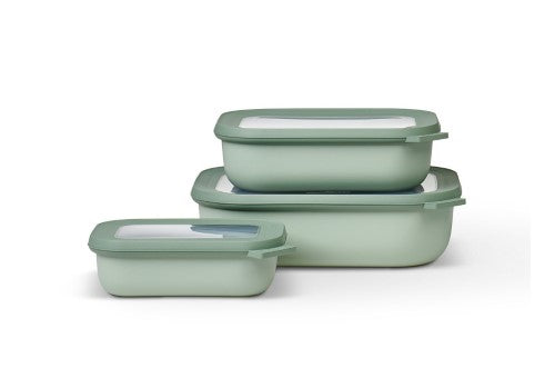 Versatile 3-piece food storage set with airtight lids, transparent windows, and designed for microwave, freezer, and dishwasher use.