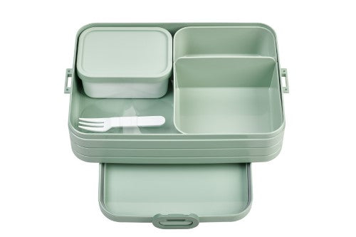 Large Nordic Sage Bento Box by Mepal, featuring two compartments, removable tray, and a fork for versatile, stylish lunches.