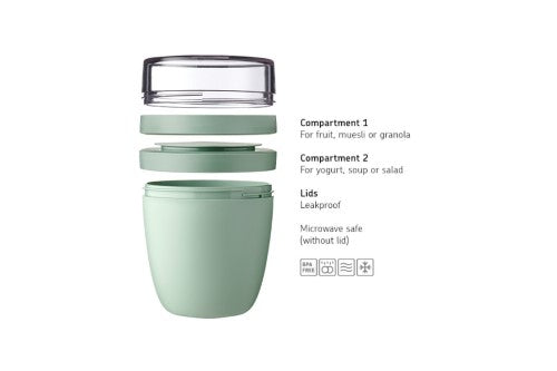 Vivid blue lunch pot with two leak-free compartments for storing soup, yogurt, or toppings, made from durable, BPA-free materials.