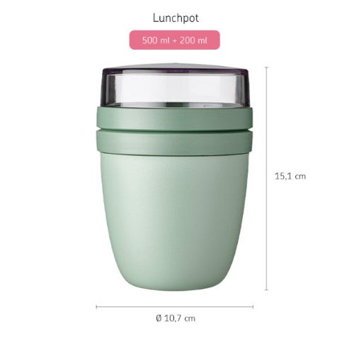 Stylish Nordic Sage lunch pot with two compartments for separate snacks and meals, made from durable BPA-free materials.