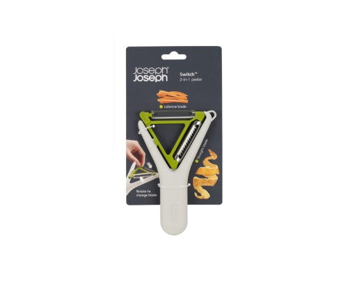 2-in-1 Switch Peeler by Joseph Joseph featuring a straight and Julienne stainless-steel blade in an ergonomic design.