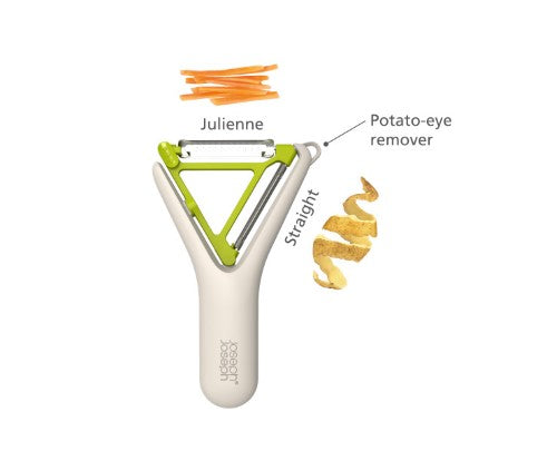 Joseph Joseph Switch 2in1 Peeler displaying ergonomic Y-shape design, stainless-steel blades, and potato-eye remover feature.