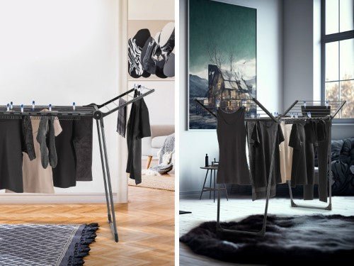 Standing dryer Pegasus 150 Solid Slim Black by Leifheit, ideal for small spaces, offering 15m drying length and foldable wings.