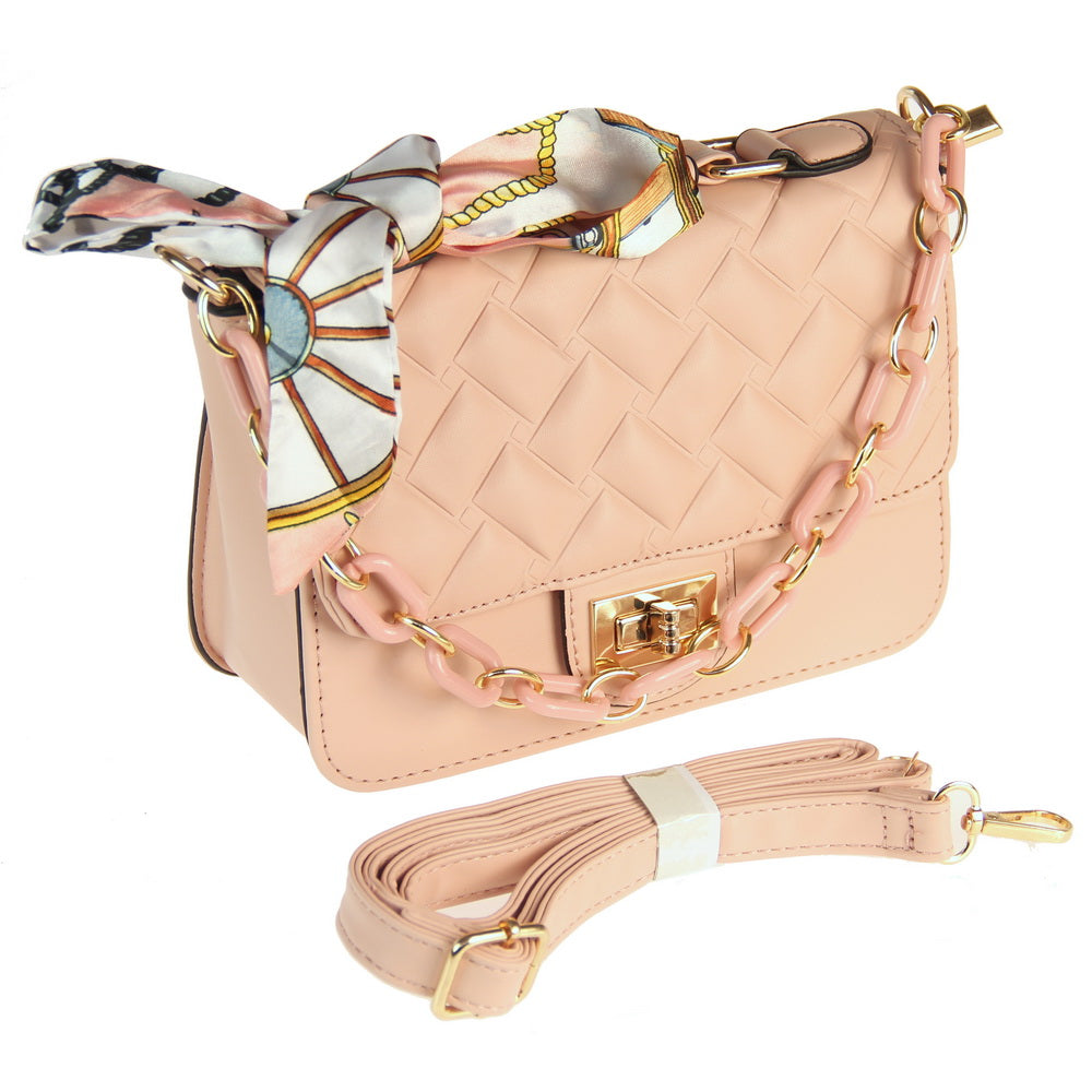 Stylish PINK chain and scarf handbag measuring 22cm x 11cm x 8cm, perfect for elevating any outfit.