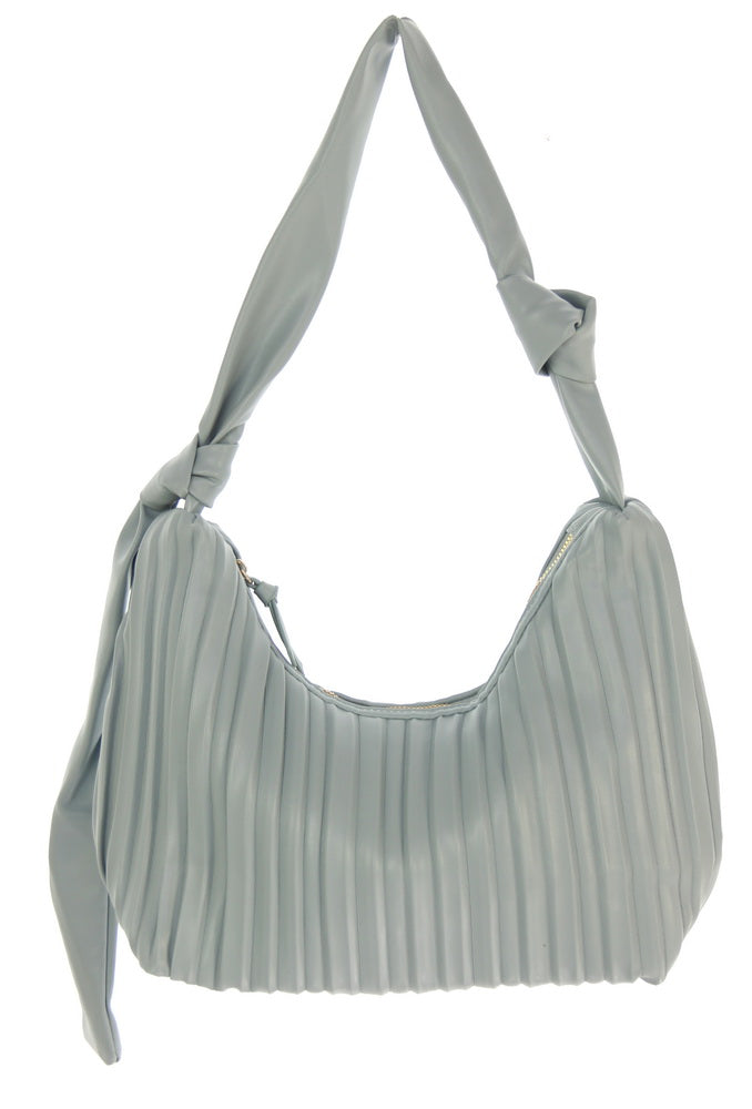 Chic denim handbag featuring a pleated design, spacious interior, and practical zipper pocket for everyday elegance.