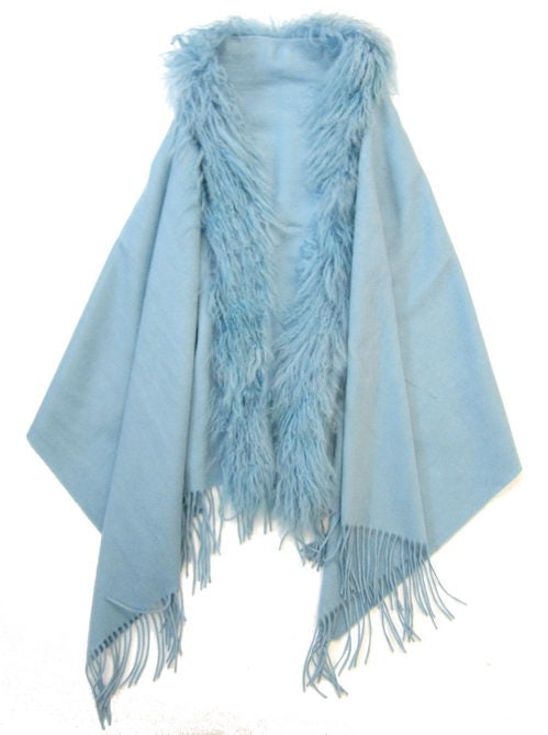 Chic blue cape with fuzzy wool trim, perfect for warmth and style in any occasion.