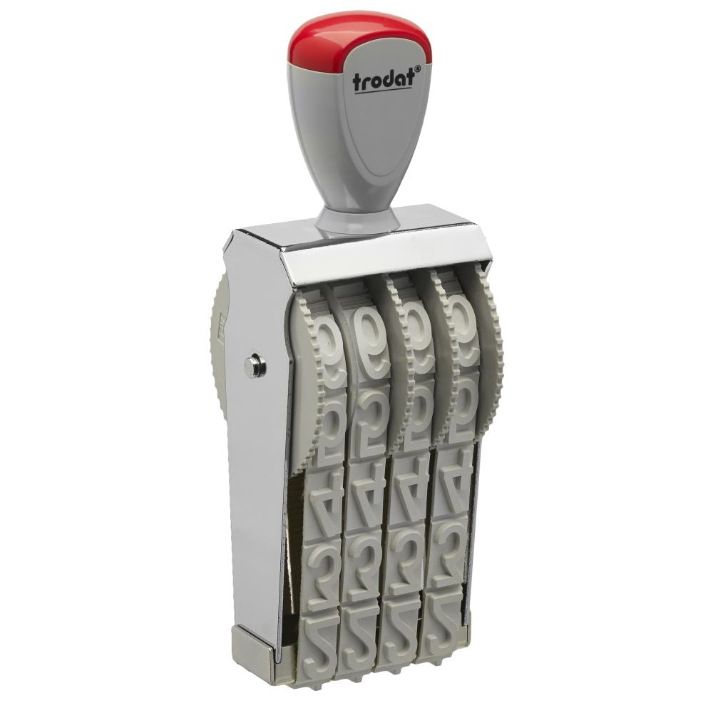 Trodat Numberer 15184 with 18mm characters, four customizable bands, ergonomic grip, durable metal frame for precise numbering.