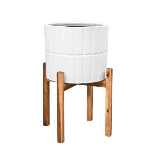 Gardeners Edge Indoor Panel Ceramic Pot On Wooden Stand Matt White XL White