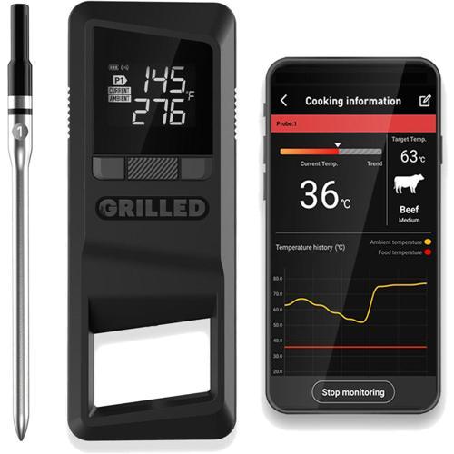 Grilled WIRELESS BLUETOOTH THERMOMETER WITH PROBE 100m Range Black