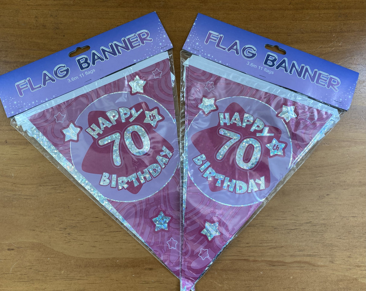 Birthday Banner- Happy 70th Birthday Pink (Set of 2) - CLEARANCE PRICE