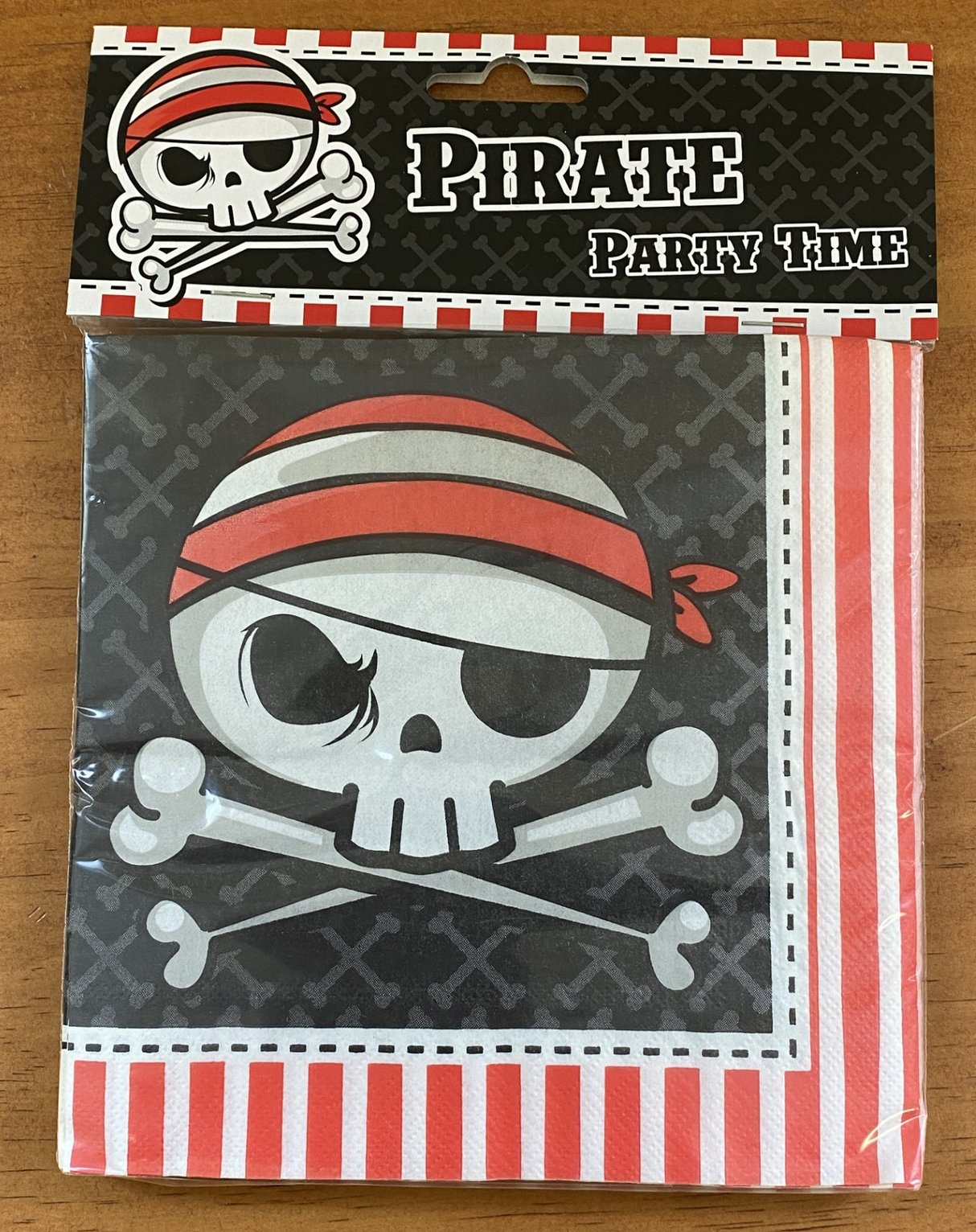 Colorful pirate-themed napkins featuring fun designs, perfect for kids' parties and festive celebrations. Pack of 15.