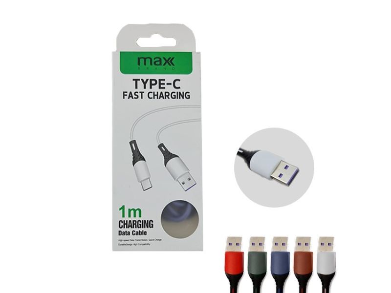 "Max Brand 1m USB to Type C fast charging cable, 60W output, high density braided design, pack of 12 units."