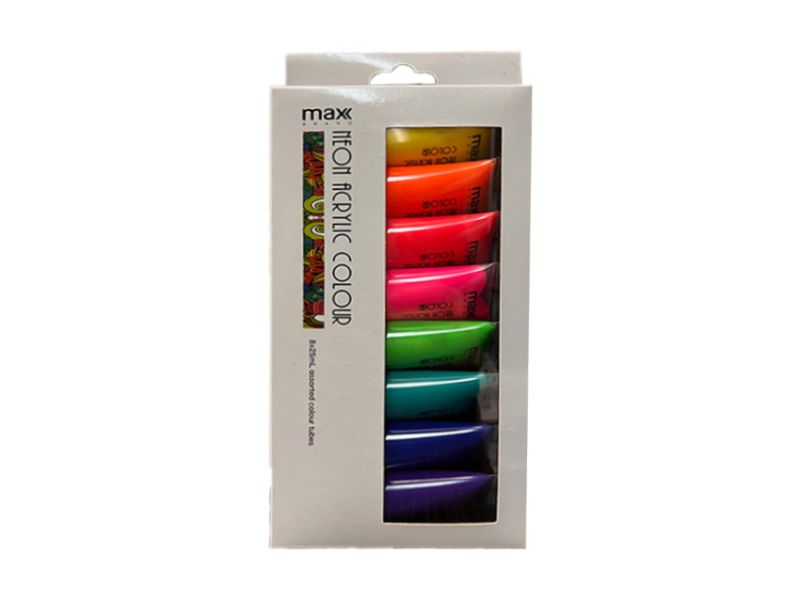 Vibrant Max Brand Acrylic Paint Set with 8 neon colors in 25ml tubes, perfect for artists and bulk art projects.