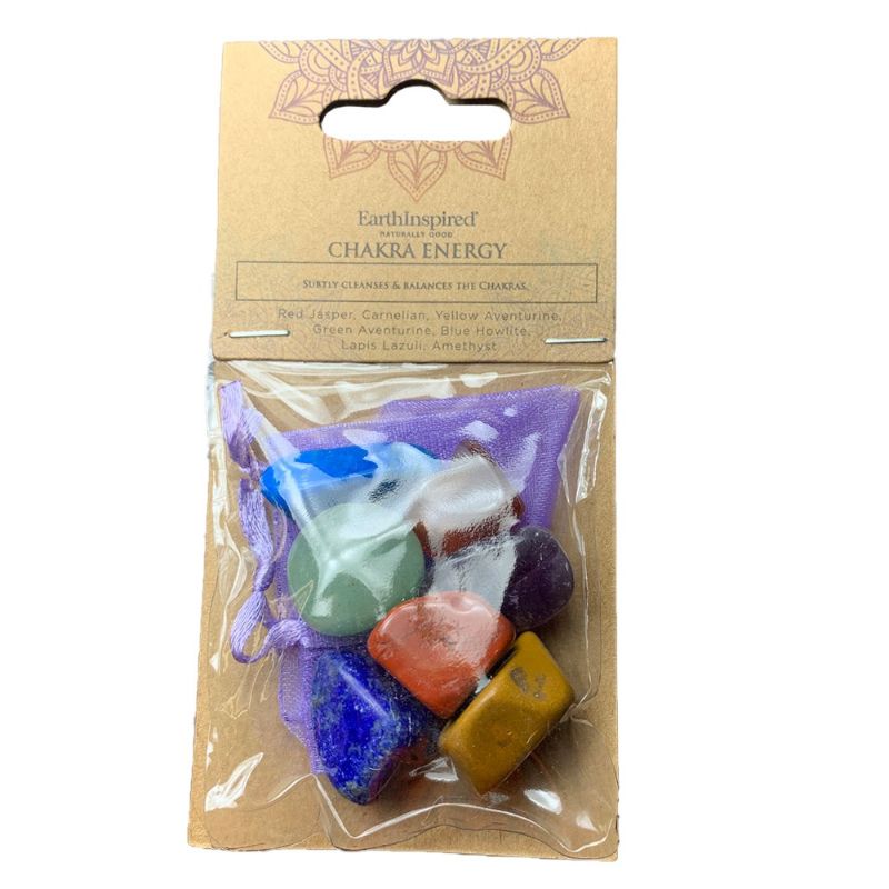 Chakra Energy Wellness Crystal Kit featuring vibrant natural stones for chakra cleansing and balance, packaged in an organza bag.