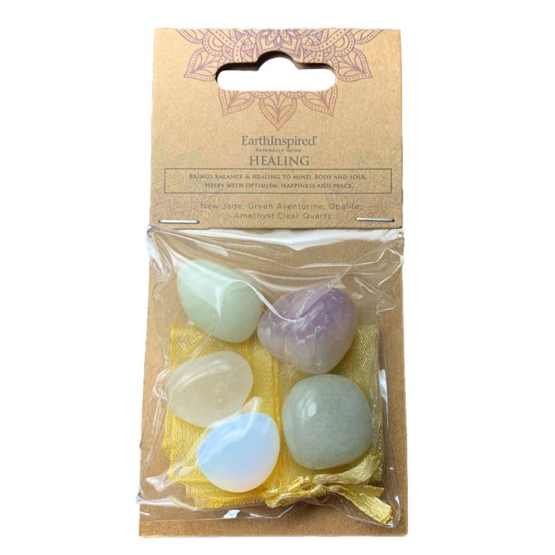 Healing Wellness Crystal Kit featuring New Jade, Green Aventurine, and Opalite in an organza bag for balance and peace.