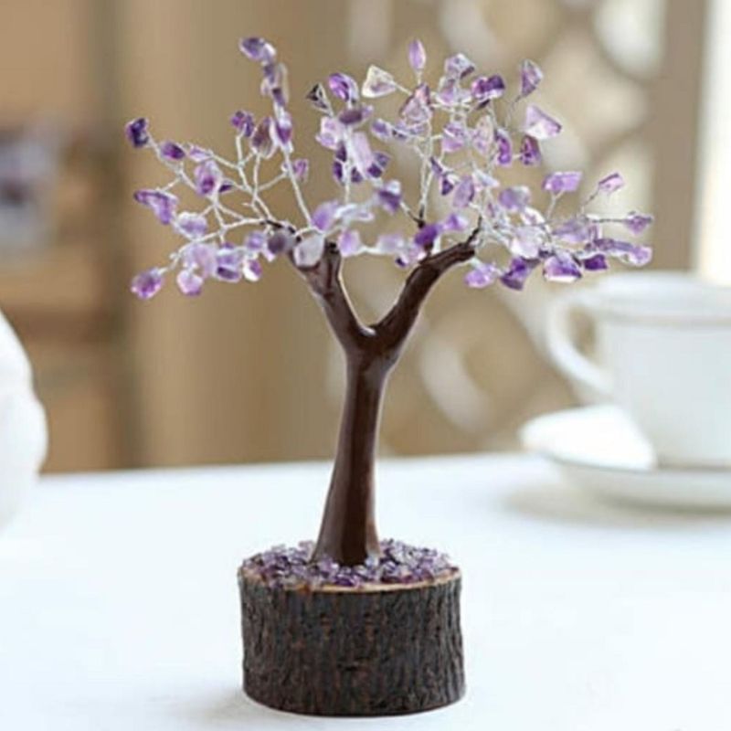 Amethyst crystal tree (19cm) on neem base, featuring 100 handcrafted gemstones for emotional healing and home decor.