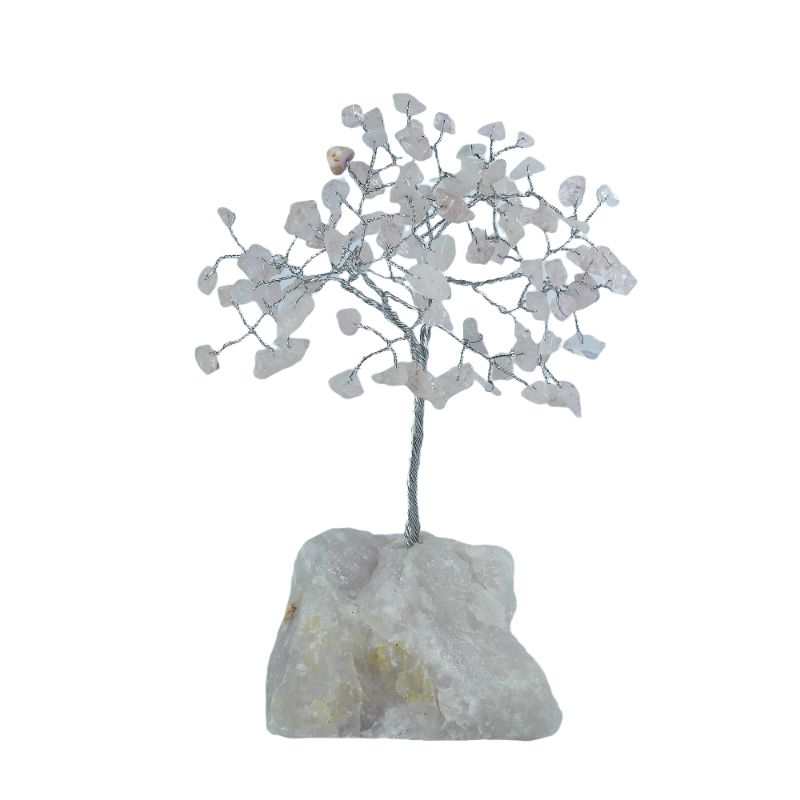 Handcrafted Rose Quartz Crystal Tree with 100 chip gemstones on a 19cm base, symbolizing love and harmony.