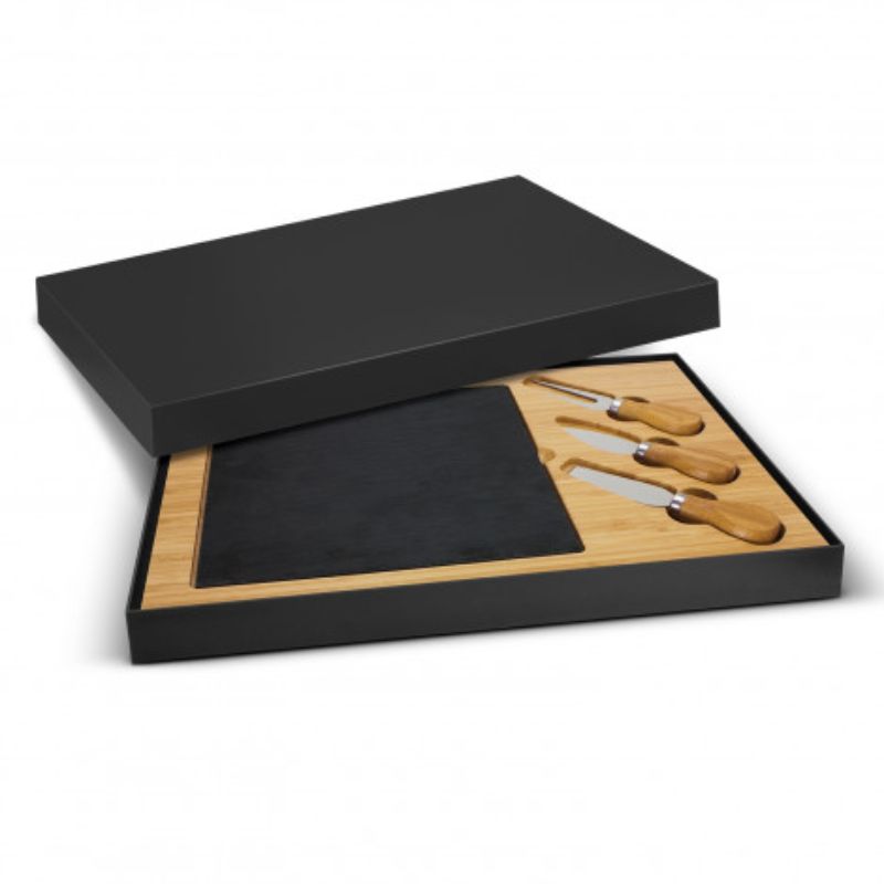 Luxury bamboo cheese board with a removable slate insert and two cheese knives, ideal for elegant entertaining.