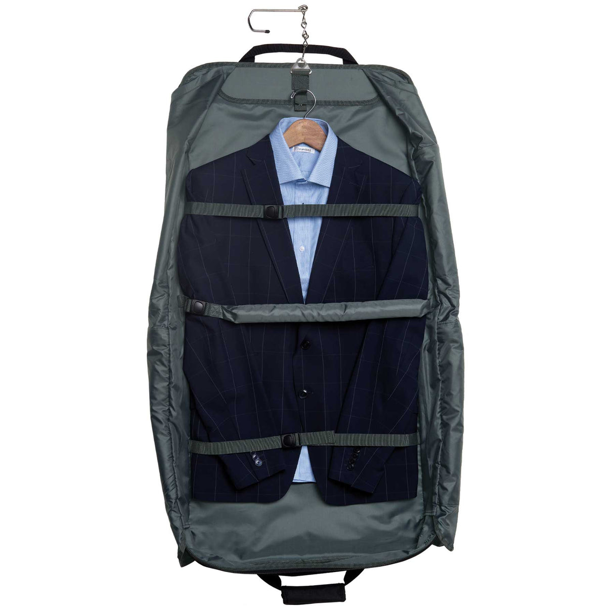 Travel Garment Bag for wrinkle-free packing, fits three suits, has pouches for accessories, and accommodates a 14" laptop.