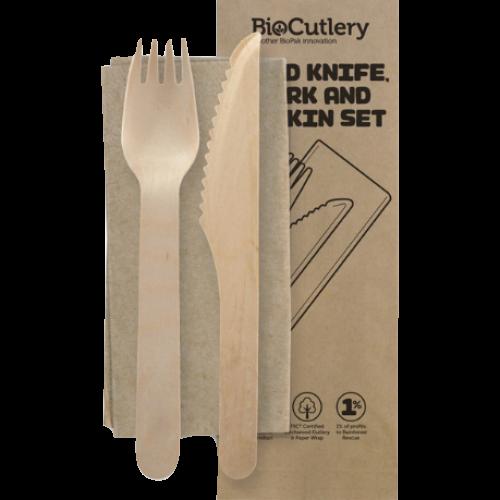 Biopak Disposable Wooden Knife, Fork & Napkin Cutlery Pack 16cm 100 x 1pk