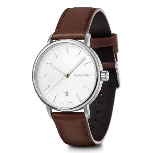 Watch - WENGER Urban Classic 40mm Silver/White Dial, Brown Strap