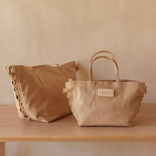 Akiiko Biscuit Canvas Curved Gift Tote with Raffia Detailing - Small