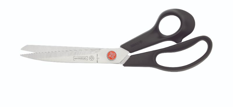 Heavy-duty 23cm Mundial Serra Sharp Tailors Shear with ergonomic handles and nickel-plated blades for precision cutting.