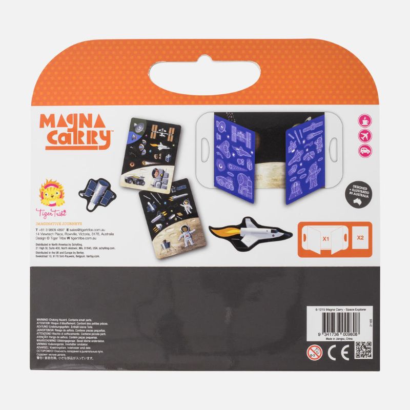 Colorful magnetic pieces in a carry case for building rocket ships and planets, encouraging creativity and STEAM learning.