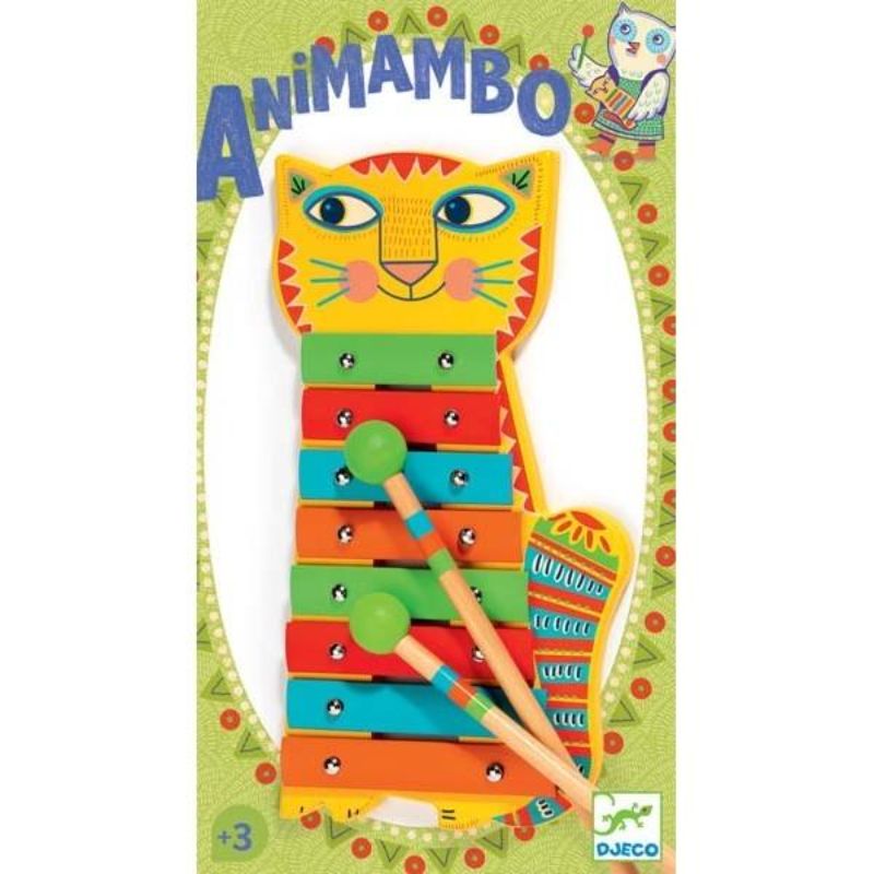 Colorful Animambo Metallophone with cat design, featuring vibrant keys and easy-to-hold beaters for creative music play.