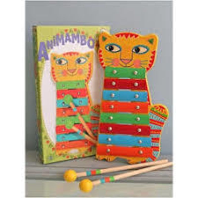 Colorful Animambo Metallophone with cat design, easy-to-hold beaters, perfect for introducing music to young children.