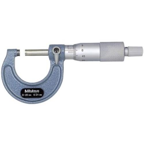 Mitutoyo Outside Micrometer 0-25mm x 0.01mm, featuring durable enamel frame and carbide faces for precise external measurements.